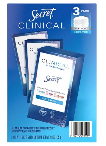 Secret Clinical Soft Solid Antiperspirant and Deodorant, Light & Fresh, 1.6 oz., 3 ct.