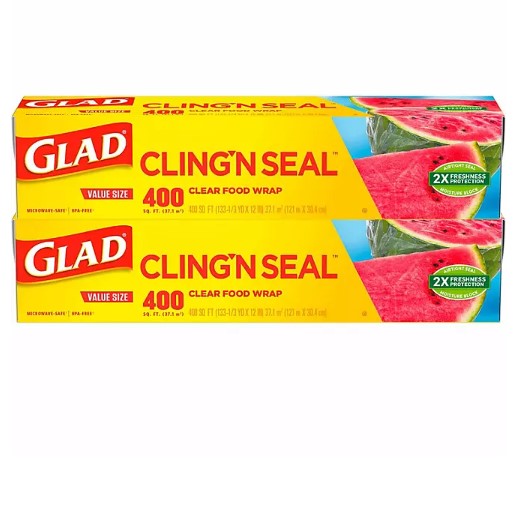 Glad Cling ‘N Seal Clear Plastic Food Wrap 400 sq. ft./roll, 2 rolls Glad Cling ‘N Seal Clear Plastic Food Wrap 400 sq. ft./roll, 2 rolls