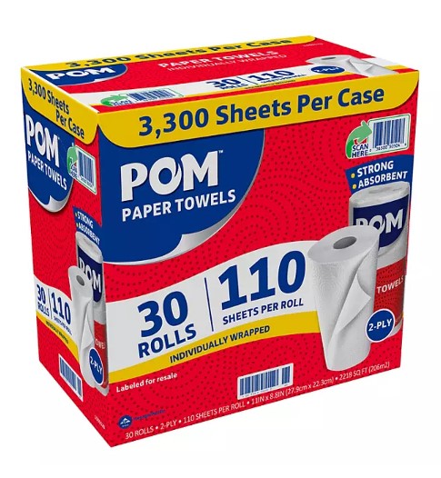 POM Individually Wrapped 2-Ply Paper Towels 110 sheets/roll, 30 rolls