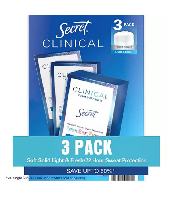 Secret Clinical Soft Solid Antiperspirant and Deodorant, Light & Fresh, 1.6 oz., 3 ct. Secret Clinical Soft Solid Antiperspirant and Deodorant, Light & Fresh, 1.6 oz., 3 ct.