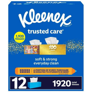 Kleenex Trusted Care 2-ply Facial Tissues 12 boxes, 160 tissues/box