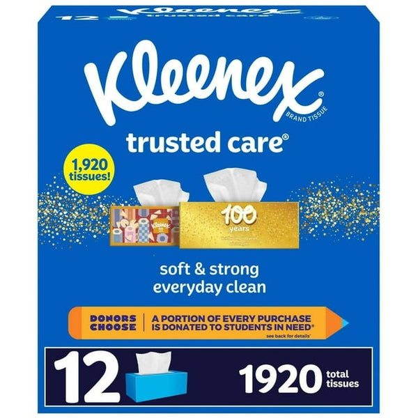 Kleenex Trusted Care 2-ply Facial Tissues 12 boxes, 160 tissues/box