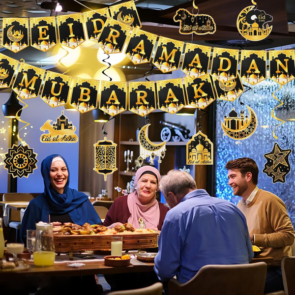 Ramadan Decorations Canada – 3PCS Ramadan Mubarak Banner with 18PCS Hanging Swirls for Eid & Party Decor