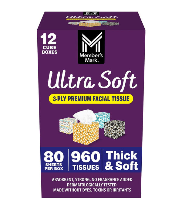 Member's Mark Ultra Soft 3-Ply Facial Tissues, 12 Cube Boxes, 80 tissues/box