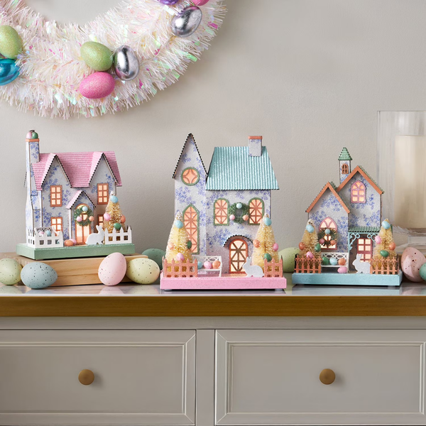 Holiday Tabletop Decorations – Pre-Lit Paper Houses, Set of 3 for Easter Décor