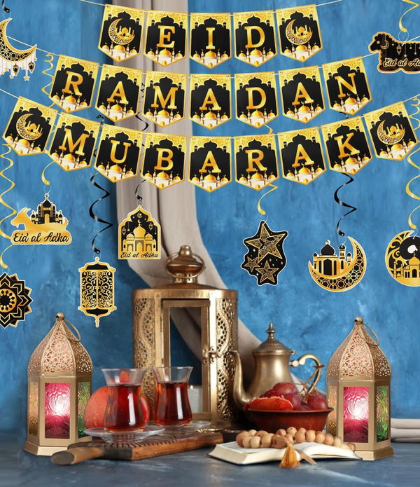Ramadan Decorations Canada – 3PCS Ramadan Mubarak Banner with 18PCS Hanging Swirls for Eid & Party Decor