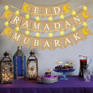 Ramadan Decoration Ideas, 3pcs Burlap Ramadan Mubarak Banner with 20 LED Lights
