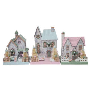 Holiday Tabletop Decorations – Pre-Lit Paper Houses, Set of 3 for Easter Décor