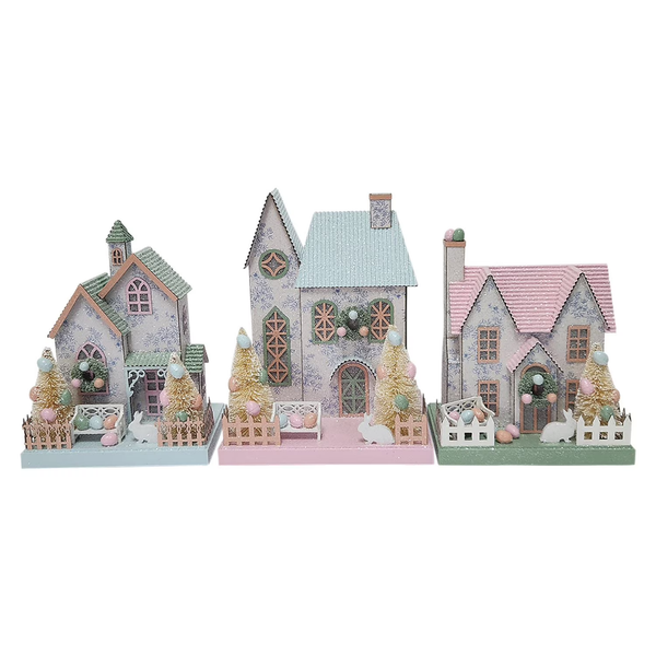 Holiday Tabletop Decorations – Pre-Lit Paper Houses, Set of 3 for Easter Décor