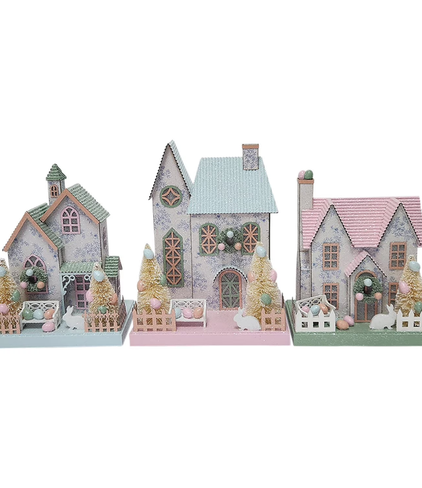 Holiday Tabletop Decorations – Pre-Lit Paper Houses, Set of 3 for Easter Décor