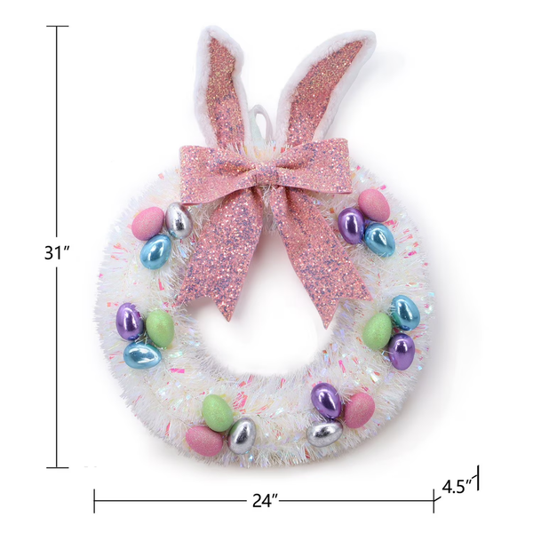 Easter Door Decoration – 24" Tinsel Bunny Wreath for Springtime Décor