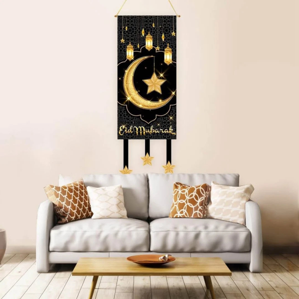 Eid Decorations, Elegant Black & Gold Eid Mubarak Door Banner for Home & Outdoor Decor