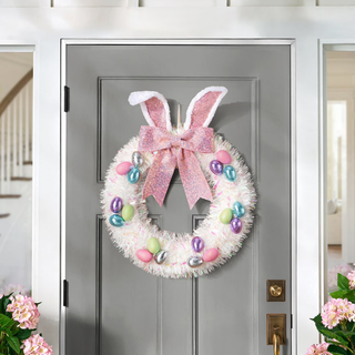 Easter Door Decoration – 24" Tinsel Bunny Wreath for Springtime Décor