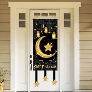 Eid Decorations, Elegant Black & Gold Eid Mubarak Door Banner for Home & Outdoor Decor