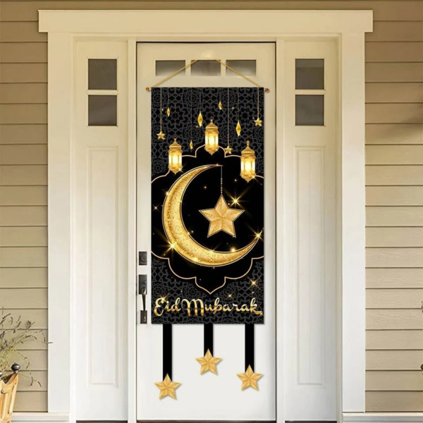 Eid Decorations, Elegant Black & Gold Eid Mubarak Door Banner for Home & Outdoor Decor