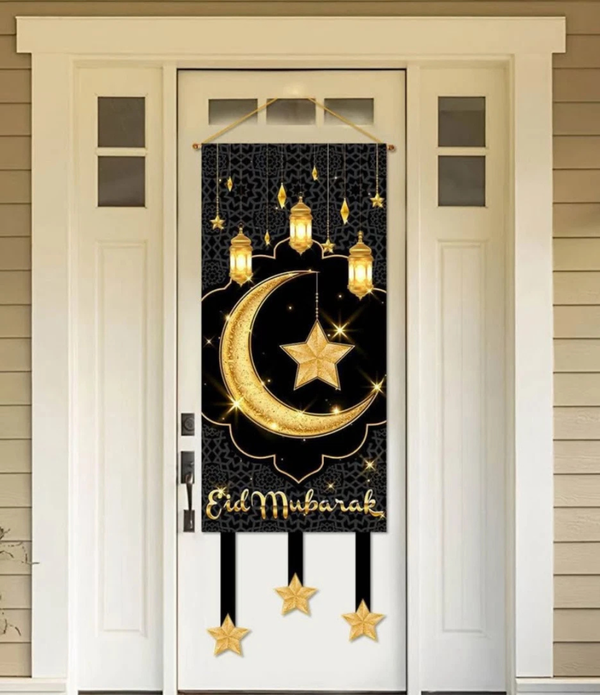 Eid Decorations, Elegant Black & Gold Eid Mubarak Door Banner for Home & Outdoor Decor