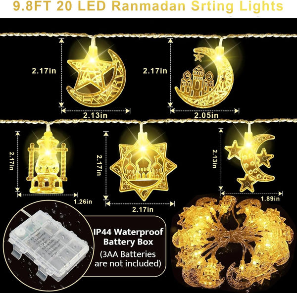 Eid Mubarak Decorations – 9.8Ft 20 LED Star Moon Fairy String Lights for Ramadan Home & Party Decor