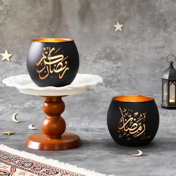 Ramadan Mubarak Decorations Indoor, Arabic Calligraphy 4 Pcs Laser Etched Glass Tealight Candle Holders, Ramadan Kareem & Eid Mubarak Votive Holders for Table Decor, Islamic Gifts