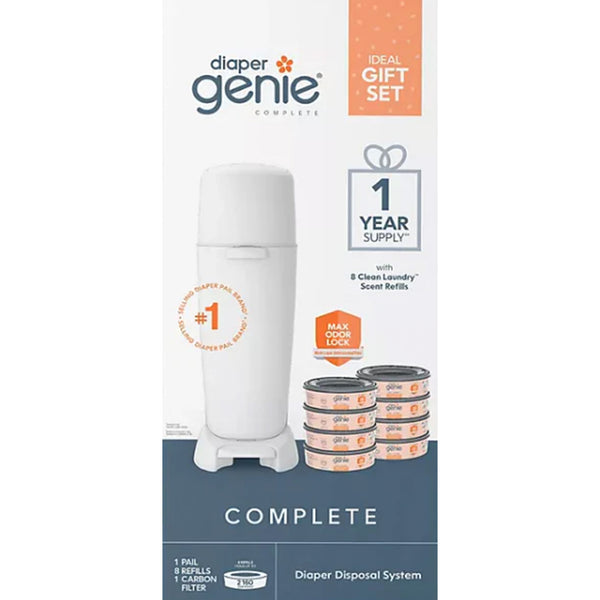 Diaper Genie Complete Gift Set Diaper Pail, 8 Refill Bags, 1 Carbon Filter, 1 Year Supply