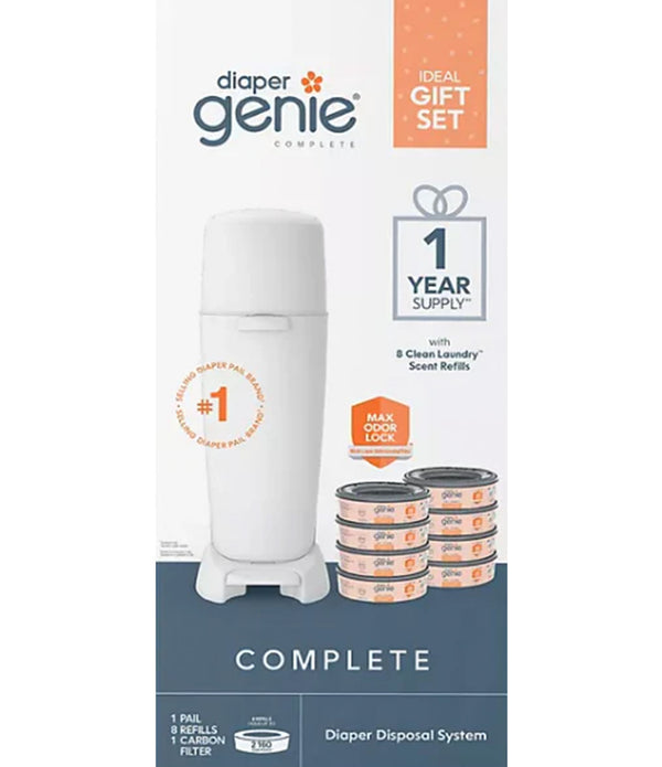 Diaper Genie Complete Gift Set Diaper Pail, 8 Refill Bags, 1 Carbon Filter, 1 Year Supply