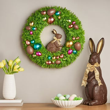 Easter Decorations – 24" Chocolate-Style Bunny Tinsel Wreath