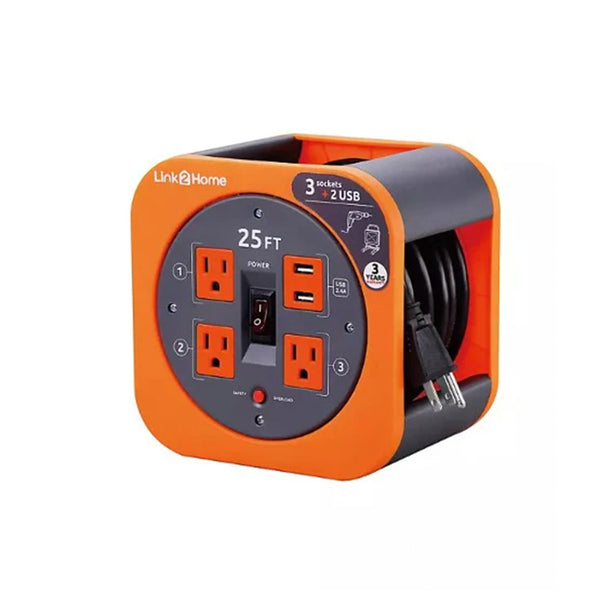 Link2Home Cord Reel 25' Extension Cord with 3 Power Outlets, 2 USB - 16 AWG Cable