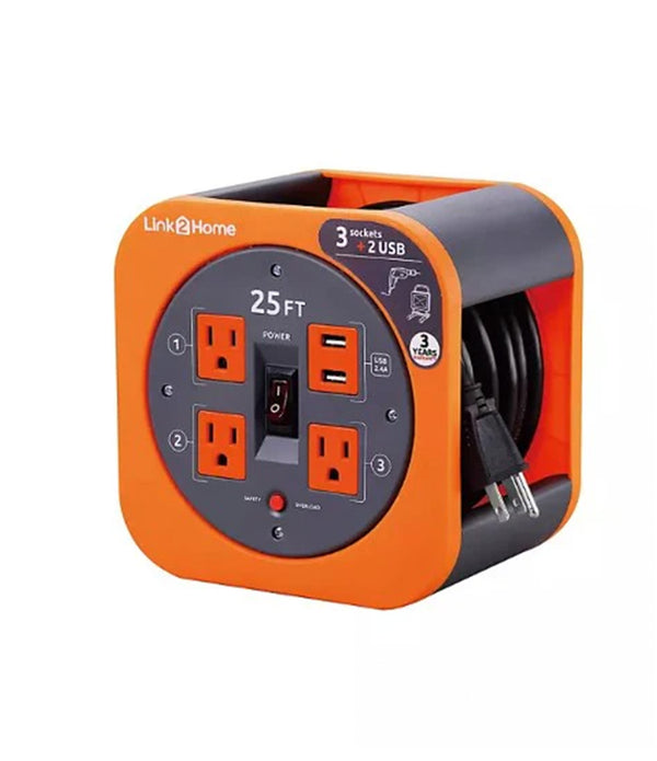 Link2Home Cord Reel 25' Extension Cord with 3 Power Outlets, 2 USB - 16 AWG Cable