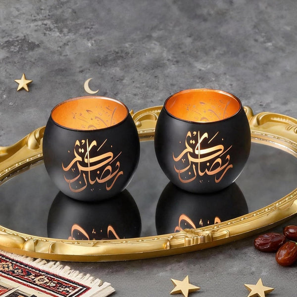 Ramadan Mubarak Decorations Indoor, Arabic Calligraphy 4 Pcs Laser Etched Glass Tealight Candle Holders, Ramadan Kareem & Eid Mubarak Votive Holders for Table Decor, Islamic Gifts