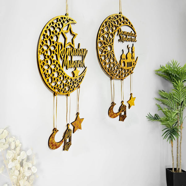 2PCS Ramadan Mubarak Hanging Decorations, Wooden Eid Kareem Hanging Sign for Home Room Door Wall Decor, Novelty Hollow Star Moon Lanterns Castles Ornament for Islamic Muslim Al-Fitr Party Supplies