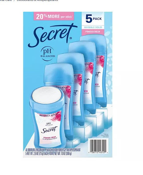 Secret Invisible Solid Antiperspirant and Deodorant, Powder Fresh, 2.6 oz., 5 pk.