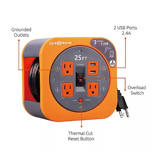 Link2Home Cord Reel 25' Extension Cord with 3 Power Outlets, 2 USB - 16 AWG Cable