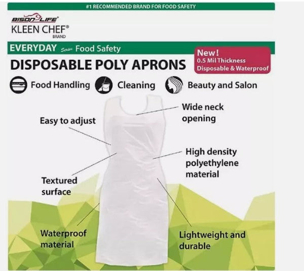 Kleen Chef Disposable Waterproof Poly Aprons, White 100 ct.