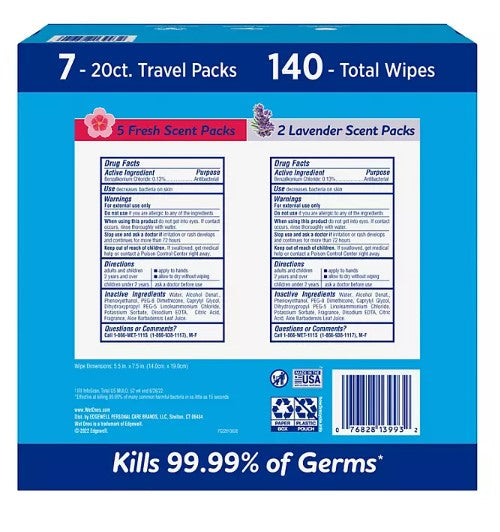 Wet Ones Antibacterial Hand Wipes, Fresh Scent/Lavender, 20 ct., 7 pk.