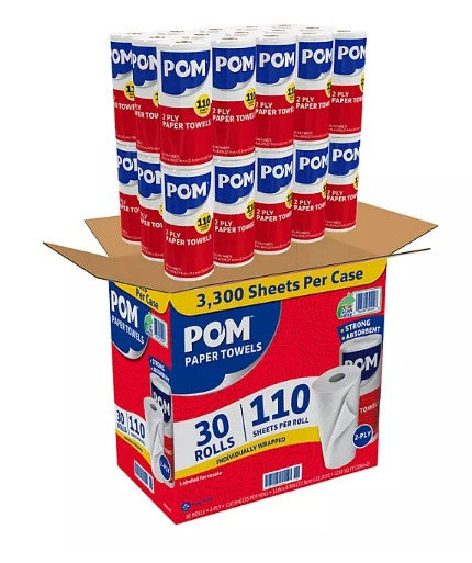 POM Individually Wrapped 2-Ply Paper Towels 110 sheets/roll, 30 rolls