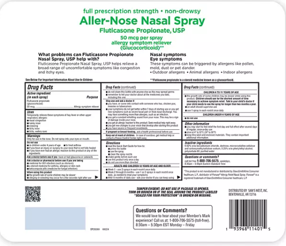 Member's Mark Aller-Nose Fluticasone Propionate Nasal Spray, 50 mcg, 0.62 fl. oz., 6 ct.