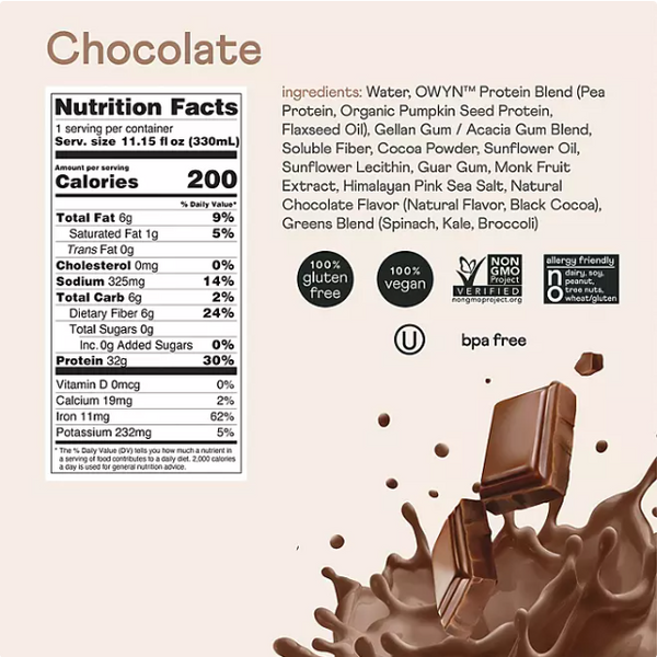 OWYN Pro Elite 32g Keto Plant Protein Shake, Chocolate 11.15 fl. oz., 15 pk.