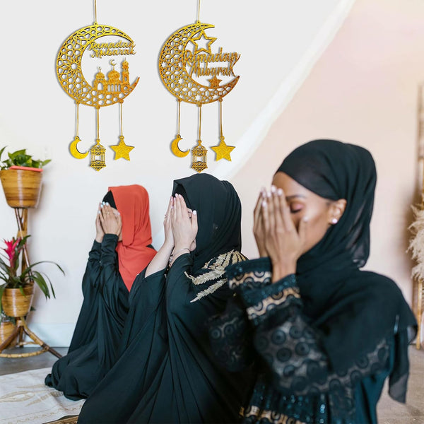 2PCS Ramadan Mubarak Hanging Decorations, Wooden Eid Kareem Hanging Sign for Home Room Door Wall Decor, Novelty Hollow Star Moon Lanterns Castles Ornament for Islamic Muslim Al-Fitr Party Supplies