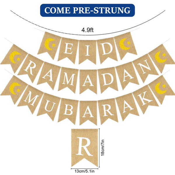 Ramadan Decoration Ideas – 3pcs Burlap Ramadan Mubarak Banner with 20 LED Lights for Home Decor