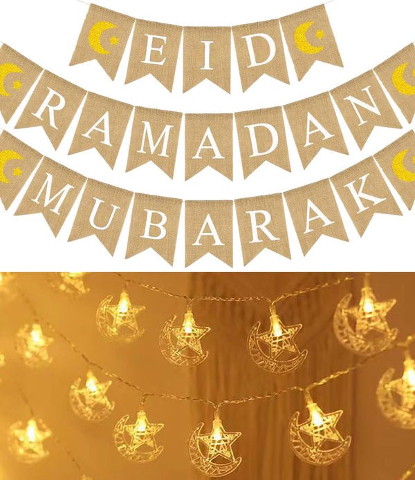 Ramadan Decoration Ideas – 3pcs Burlap Ramadan Mubarak Banner with 20 LED Lights for Home Decor
