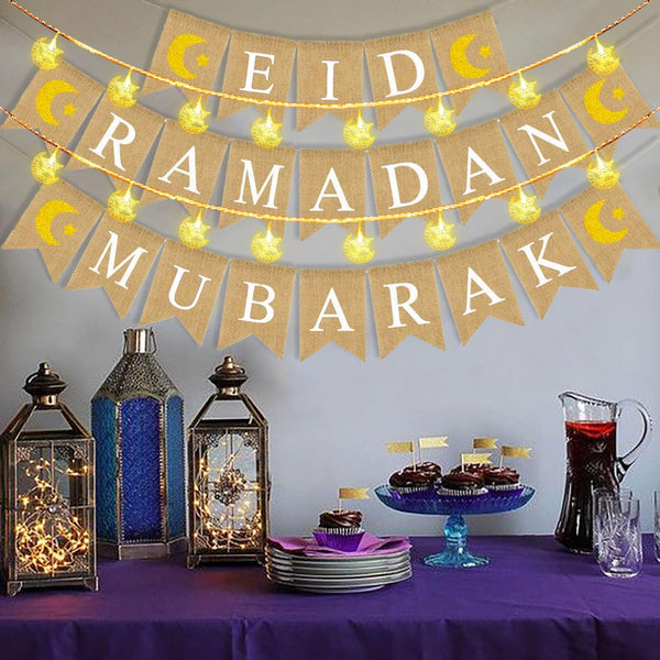 Ramadan Decoration Ideas – 3pcs Burlap Ramadan Mubarak Banner with 20 LED Lights for Home Decor