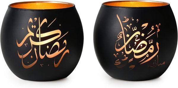 Ramadan Mubarak Decorations Indoor, Arabic Calligraphy 4 Pcs Laser Etched Glass Tealight Candle Holders, Ramadan Kareem & Eid Mubarak Votive Holders for Table Decor, Islamic Gifts