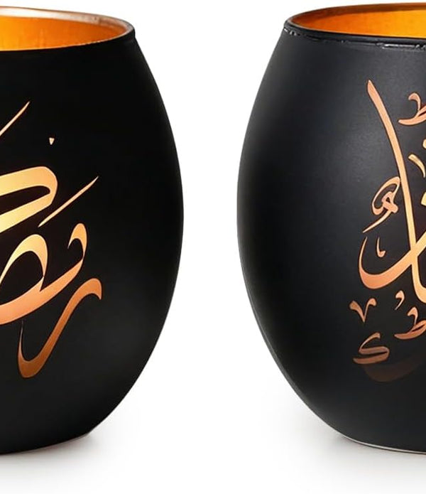 Ramadan Mubarak Decorations Indoor, Arabic Calligraphy 4 Pcs Laser Etched Glass Tealight Candle Holders, Ramadan Kareem & Eid Mubarak Votive Holders for Table Decor, Islamic Gifts