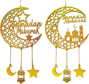 2PCS Ramadan Mubarak Hanging Decorations, Wooden Eid Kareem Hanging Sign for Home Room Door Wall Decor, Novelty Hollow Star Moon Lanterns Castles Ornament for Islamic Muslim Al-Fitr Party Supplies