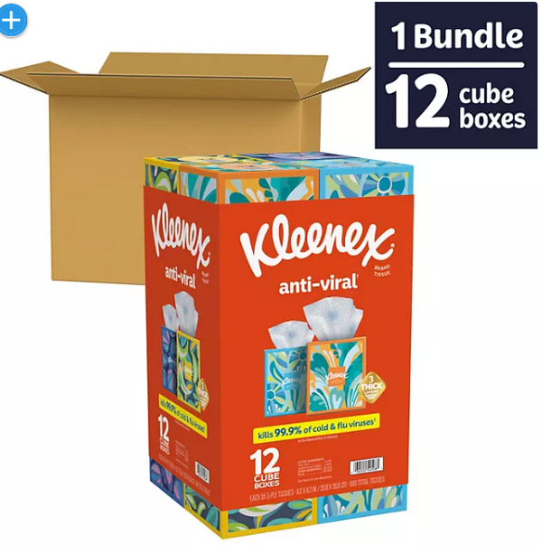 Kleenex Anti-Viral 3-Ply Facial Tissues, Cube Boxes 55 tissues/box, 12 boxes